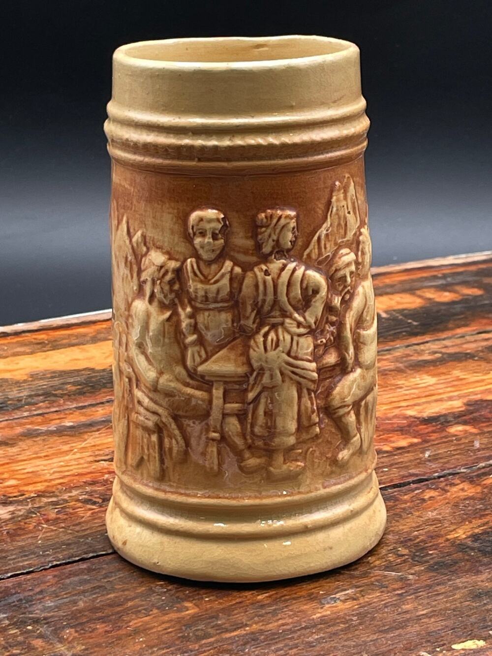 Vintage Relief Beer Stein Tavern Scene Ceramic Mug Rustic German Style